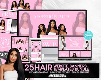 DIY Hair Website Banner Kit Canva Templates Pink Shopify Store Editable Digital Branding