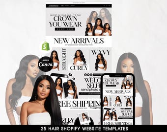 25 Shopify Hair Website Banners Design, Editable Canva Website Hair Banners, Shopify Theme Banners, Hair Salon Business Website Template