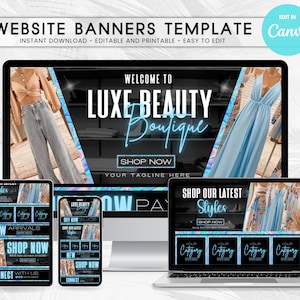 May include: Website banner template for a beauty boutique with a black background and neon blue text. The banner says "Welcome to Luxe Beauty Boutique" and "Shop Now". The banner also includes a photo of a woman wearing a blue dress and a woman wearing jeans and a white top.