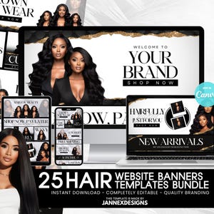 DIY Hair Website Banner Kit  Hair Extension or Wig Boutique Store Website Design Black Gold Web Banners Beauty Branding Hairstylist Shopify