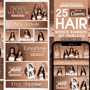 May include: A set of 25 website banner templates for hair extensions, featuring a variety of hair textures, including straight, wavy, and curly. The banners are designed in a brown and gold color scheme with the text "25 Canva Hair Website Banners Set Templates Instant Download" and "Majestic Beauty" on them.