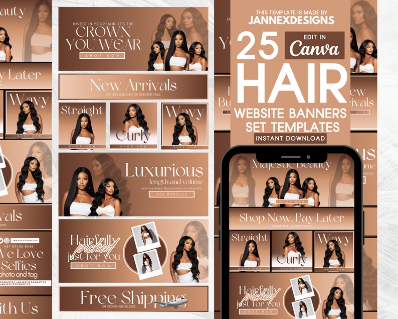 May include: A set of 25 website banner templates for hair extensions, featuring a variety of hair textures, including straight, wavy, and curly. The banners are designed in a brown and gold color scheme with the text "25 Canva Hair Website Banners Set Templates Instant Download" and "Majestic Beauty" on them.