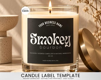 May include: A clear glass candle jar with a lit wick and a black rectangular label featuring the text Smokey Bourbon, Your Business Name Since 2020, Delicately Scented Candle With Natural Ingredients, 20 oz, and Hand Poured With Love, with a gold lid.