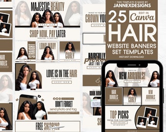 DIY BohoHair Website Banner Kit Canva Templates Shopify Boutique Editable Digital Download for Salon
