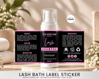 May include: A white plastic pump bottle of lash shampoo with a black and pink label. The label features the text Lash Shampoo, Eyelash Foam Cleanser, 50 ml, and lists product details, ingredients, instructions, and caution information.