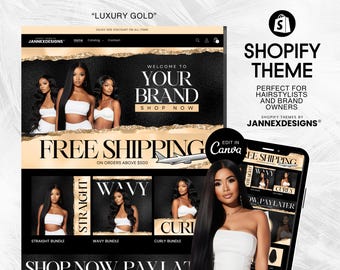 Luxury Gold Shopify Theme Canva Hair and Beauty Boutique Website Templates with Banners DIY Editable