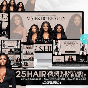 DIY Hair Website Banner Kit Shopify Hair Extension or Wig Boutique Store Website Design Beige Web Banner Branding Beauty Hairstylist Shopify