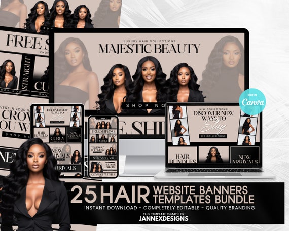 DIY Beige Hair Website Banner Kit Canva Templates Shopify Boutique Editable Digital Download for Salon