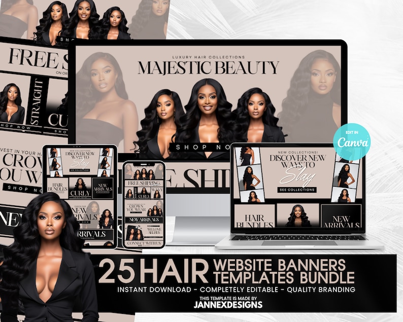 DIY Beige Hair Website Banner Kit Canva Templates Shopify Boutique Editable Digital Download for Salon image 1
