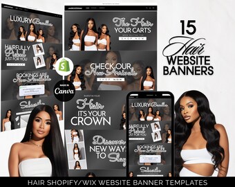 Editable Black Hair Website Banners for Shopify & Wix Store, Hair Extensions Wigs Business, Beauty Salon Graphics, Hair Brand Canva Template