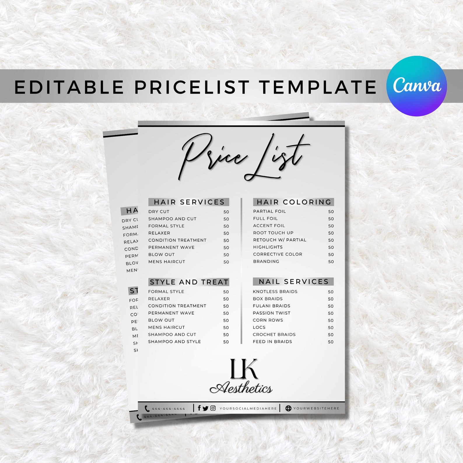 DIY Price List Template, Silver Price List, Printable Price Guide, Hair