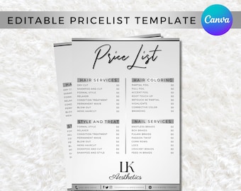 Plantilla de lista de precios de salón de belleza en Canva, editable, diseño plateado, descarga digital, menú de salón de belleza.