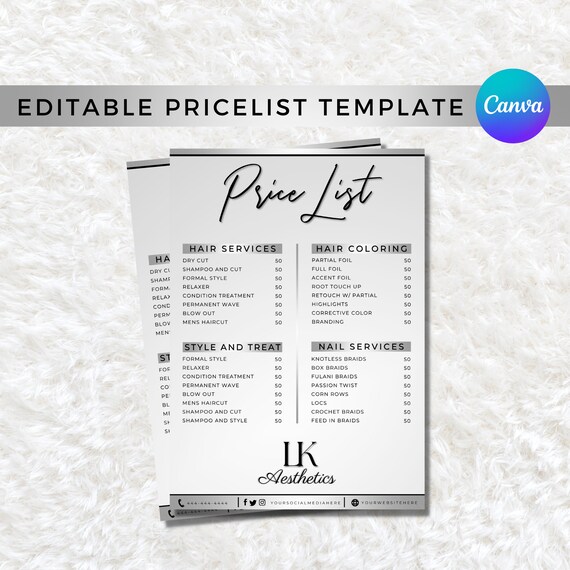 Salon Price List Template Canva Editable Silver Design DIY Digital Download Beauty Salon Menu