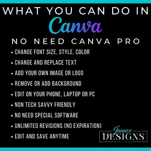 May include: A black and white graphic with the text "WHAT YOU CAN DO IN Canva NO NEED CANVA PRO" in white. A list of features is shown in white text on a black background: "CHANGE FONT SIZE, STYLE, COLOR", "CHANGE AND REPLACE TEXT", "ADD YOUR OWN IMAGE OR LOGO", "REMOVE OR ADD BACKGROUND", "EDIT ON YOUR PHONE, LAPTOP OR PC", "NON TECH SAVVY FRIENDLY", "NO NEED SPECIAL SOFTWARE", "UNLIMITED REVISIONS (NO EXPIRATION)", "EDIT AND SAVE ANYTIME". The bottom right corner of the graphic has the text "Jannex DESIGNS DIGITALS" in white text on a blue background.