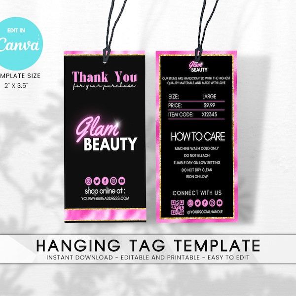 Printable Glam Clothing Hang Tag Template, Fashion Boutique Price Tag Labels, Clothing Garment Care Swing Tags, Thank You Hanging Tag Canva