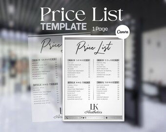Plantilla de lista de precios para salón de belleza, menú editable en Canva, hoja de precios de servicios de peluquería, diseño de lista de precios plateada, descarga digital.