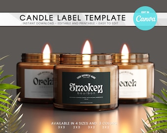 May include: Three amber glass candle jars with labels. The center jar has a black label with the text "Smokey bourbon" and the text "YOUR BUSINESS NAME SINCE 2020". The jar on the left has a white label with the text "Orchid" and the jar on the right has a white label with the text "Peach". The candles are lit and the flames are visible.