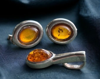 Soviet jewelry, Vintage Amber Silver Earrings and pendant, Vintage Sterling Silver Set, Silver jewelry set, Rare vintage gift for women