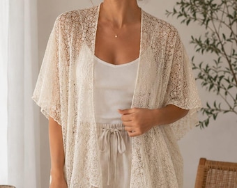 Lace Kimono Cardigan Sheer Crochet Open Front Cover Up Boho Layer With Waist Tie