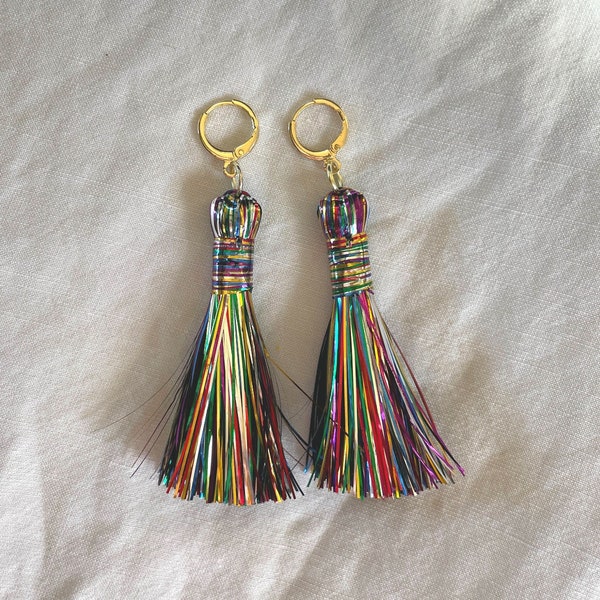 Rainbow Tinsel Tassel Earrings