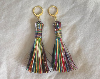 Rainbow Tinsel Tassel Earrings