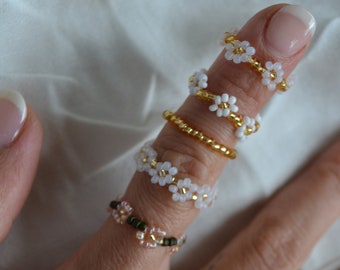 Dainty Seed Bead Flower Ring Set: Stackable Glass Rings