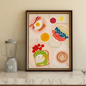 Brunch table poster breakfast print wall art toast avocado egg coffee latte porridge fruit poster food kitchen size 30x40
