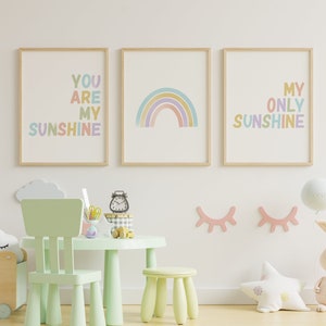 Lote 3 carteles digitales para niños pastel Eres mi sol, sol o arcoiris 30X40 A3 A4 aprendizaje de arte de pared color pastel