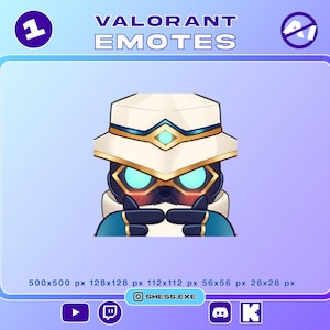 May include: A digital graphic featuring a character from Valorant with a white hat, gold accents, and blue highlights. The character is making a shy gesture. Text at the top reads "VALORANT EMOTES". The image includes various size dimensions and the website "SHESS.EXE".