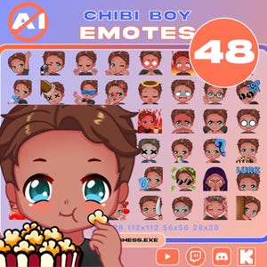 Pack 48 emotes / Cute Chibi Boy Emotes / Tan Skin, Brown Hair, Blue Eyes / Twitch / Discord / Youtube / Kick / NO AI