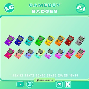 May include: Sixteen Gameboy badges in various colors, including purple, blue, green, yellow, orange, red, and gray. The badges are arranged in rows and columns, with the text "GAMEBOY BADGES" at the top and size dimensions at the bottom.