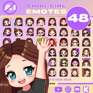 Pack 48 emotes / Cute Chibi Girl Emotes / Light Skin, Brown Hair, Blue Eyes / Twitch / Discord / Youtube / Kick / NO AI
