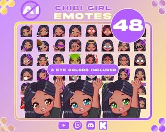 Pack 48 Emotes / Süße Chibi-Mädchen-Emotes / Schwarze Haare, Braun - Blau - Grüne Augen / 3 Augenfarben enthalten / KEINE KI