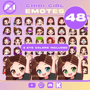 Pack 48 emotes / Cute Chibi Girl Emotes / Brown Hair, Brown - Blue - Green Eyes / 3 eye colors included / NO AI