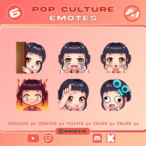May include: A digital art graphic featuring six pop culture emotes with a cartoon girl with black hair. The emotes display various expressions, including surprise, crying, and a mischievous grin. The image includes the text "POP CULTURE EMOTES" and "SHESS.EXE".