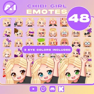 Pacchetto 48 emote / Emote di ragazze Chibi carine / Capelli biondi, occhi castani, blu e verdi / 3 colori degli occhi inclusi / SENZA IA