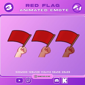 May include: Animated emote showing three red flags on wooden poles held by hands with different skin tones. The text "RED FLAG ANIMATED EMOTE" is at the top. The image is set against a purple background with the text "3" and "AI" in the corners.