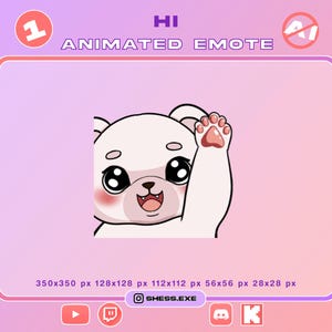 Peut inclure: Un graphique numérique représentant un ours blanc aux grands yeux noirs, aux joues roses et au petit sourire édenté, agitant une patte avec un coussinet rose visible. Le texte HI ANIMATED EMOTE est affiché au-dessus, avec diverses dimensions en pixels.