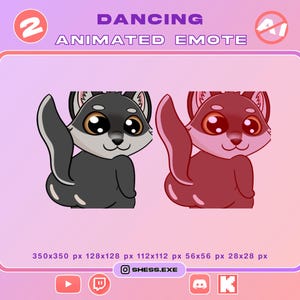 May include: Animated emote featuring a cartoon fox in two color variations: gray and red. The fox is depicted in a dancing pose with large eyes and a fluffy tail. Text at the top reads "DANCING ANIMATED EMOTE".