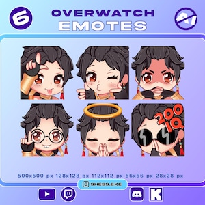Puede incluir: Gráfico digital con seis emotes de Overwatch. Los emotes muestran un personaje con cabello oscuro y ojos rojos, cada uno con una expresión diferente. El texto "OVERWATCH EMOTES" y el número "6" están incluidos.