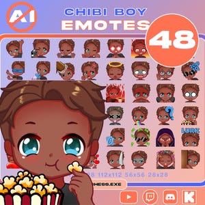 Pack 48 emotes / Cute Chibi Boy Emotes / Medium Skin, Brown Hair, Blue Eyes / Twitch / Discord / Youtube / Kick / NO AI