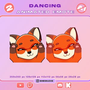 May include: Two animated emotes of a red fox with a happy expression, dancing with its paws near its face. The image includes the text "DANCING ANIMATED EMOTE" and various size dimensions. The background is a gradient of pink and purple.