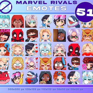 Peut inclure: Une collection numérique de 51 émoticônes Marvel Rivals présentant divers personnages de style chibi avec des expressions et accessoires variés. Le graphique inclut le texte Marvel Rivals Emotes et 51, avec des dimensions de 500x500, 128x128, 112x112, 56x56 et 28x28 px.