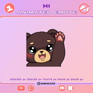 Peut inclure: Un personnage d'ours brun foncé avec de grands yeux noirs, un museau beige clair et des joues roses, agitant une patte. L'image inclut le texte HI ANIMATED EMOTE et SHESS.EXE, ainsi que diverses dimensions en pixels comme 350x350 px et des icônes.
