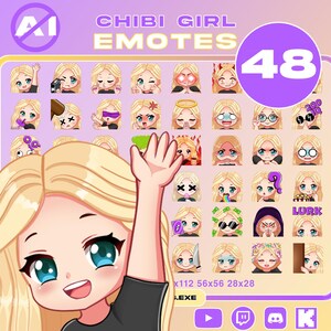 Pack 48 Emotes / Süße Chibi-Mädchen-Emotes / Helle Haut, blonde Haare, blaue Augen / Twitch / Discord / Youtube / Kick / KEINE KI