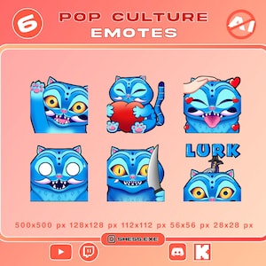Puede incluir: Un conjunto de seis emoticonos de gatos azules con diversas expresiones, incluyendo saludar, sostener un corazón y sostener un cuchillo. Se muestra el texto "POP CULTURE EMOTES" y "LURK". También aparece el texto "SHESS.EXE".