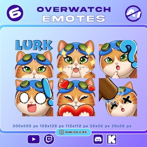 以下が含まれることがあります： 猫をテーマにした6つのOverwatch絵文字が特徴のデジタルアートグラフィック。絵文字は、驚き、愛、混乱など、さまざまな表情を示しています。「OVERWATCH EMOTES」と「LURK」のテキストが表示されます。画像にはアーティストのソーシャルメディアハンドルが含まれています。