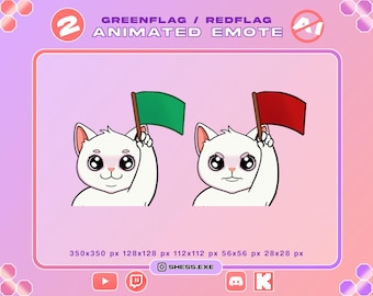 2 animierte Emotes mit weißer Katze / Grüne Flagge / Rote Flagge / Für Twitch, Discord, YouTube, Kick...