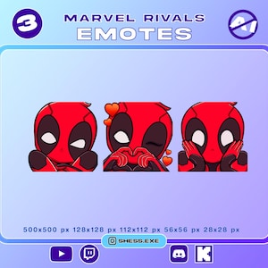 May include: A digital graphic featuring three Deadpool emotes. The emotes are red with black eye shapes and white eyes. The text "MARVEL RIVALS EMOTES" is at the top. The image includes the text "SHESS.EXE" at the bottom.