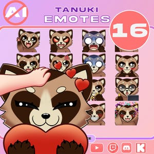 Paket mit 16 Emotes / Paket Tanuki-Emotes / Twitch-Emotes / Discord-Emotes / Youtube-Emotes / Kick-Emotes